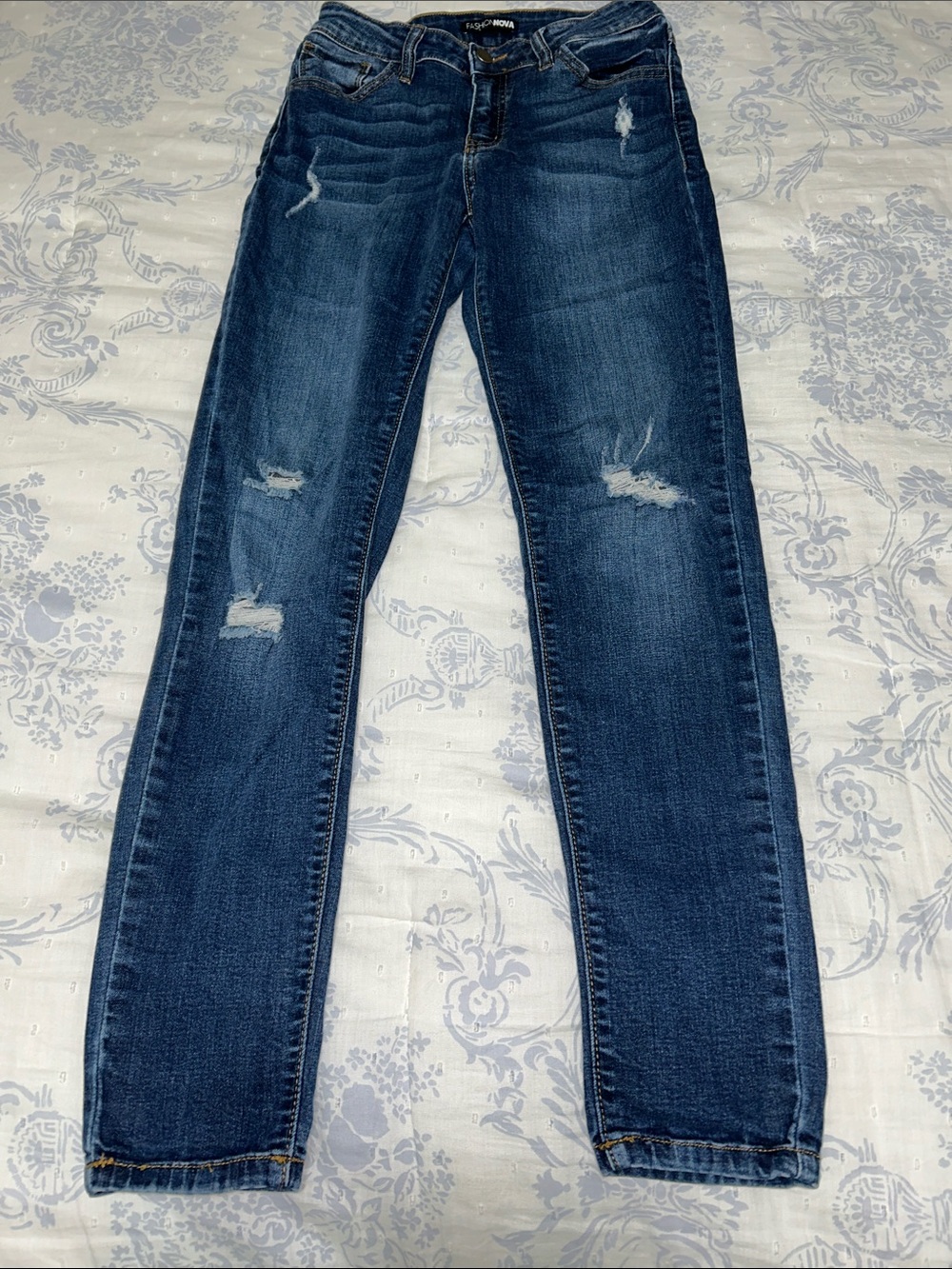 Fashion Nova Dark Blue Distressed Skinny Jeans